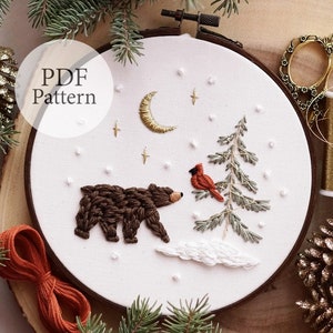 PDF Pattern - 6" Bear & Cardinal - Step By Step Beginner Embroidery Pattern With YouTube Tutorials