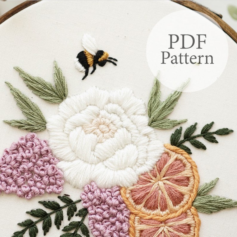 PDF Pattern 7 Citrus Peony Bouquet Step By Step Beginner Embroidery Pattern With YouTube Tutorials image 2