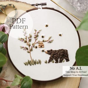 PDF Pattern - 6" Honey Bee Bear - Step By Step Beginner Embroidery Pattern With YouTube Tutorials
