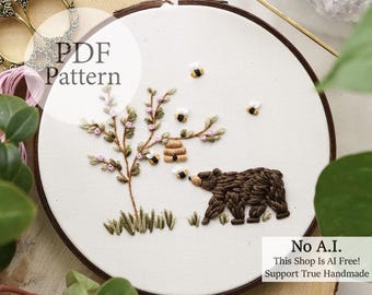 PDF Pattern - 6" Honey Bee Bear - Step By Step Beginner Embroidery Pattern With YouTube Tutorials
