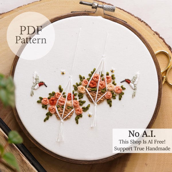 Patrón PDF - Cestas de rosas de colibrí de 15 cm - Patrón de bordado paso a paso para principiantes con tutoriales en YouTube