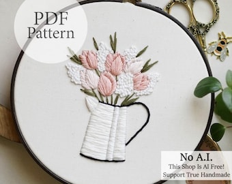 PDF Pattern - 7" Tulip Bouquet - Step By Step Beginner Embroidery Pattern With YouTube Tutorials