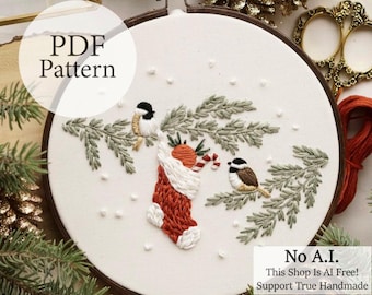 PDF Pattern - 6" Chickadees & Stocking - Step By Step Beginner Embroidery Pattern With YouTube Tutorials