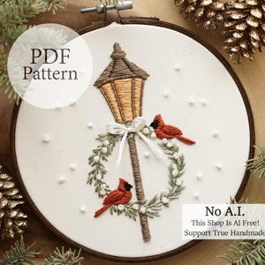 PDF Pattern - 6" Lantern Cardinal Wreath - Step By Step Beginner Embroidery Pattern With YouTube Tutorials
