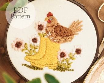 PDF Pattern - 4" Spring Chicken - Step By Step Beginner Embroidery Pattern With YouTube Tutorials - Rubber Boots And Red Hen