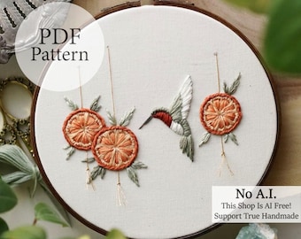 PDF Pattern - 6" Citrus Hummingbird - Step By Step Beginner Embroidery Pattern With YouTube Tutorials - Hummingbird Embroidery