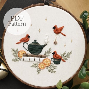 PDF Pattern - 6" Cardinal's Tea Party - Step By Step Beginner Embroidery Pattern With YouTube Tutorials