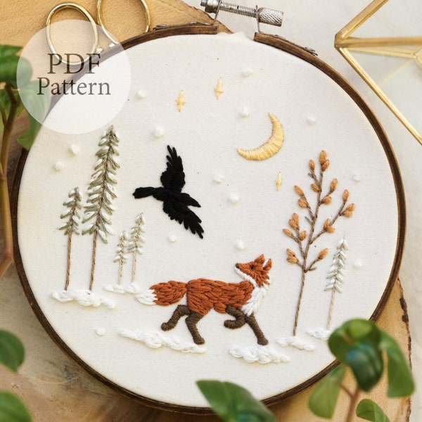 PDF Pattern - 6" Fox & Raven First Snowfall - Step By Step Beginner Embroidery Pattern With YouTube Tutorials