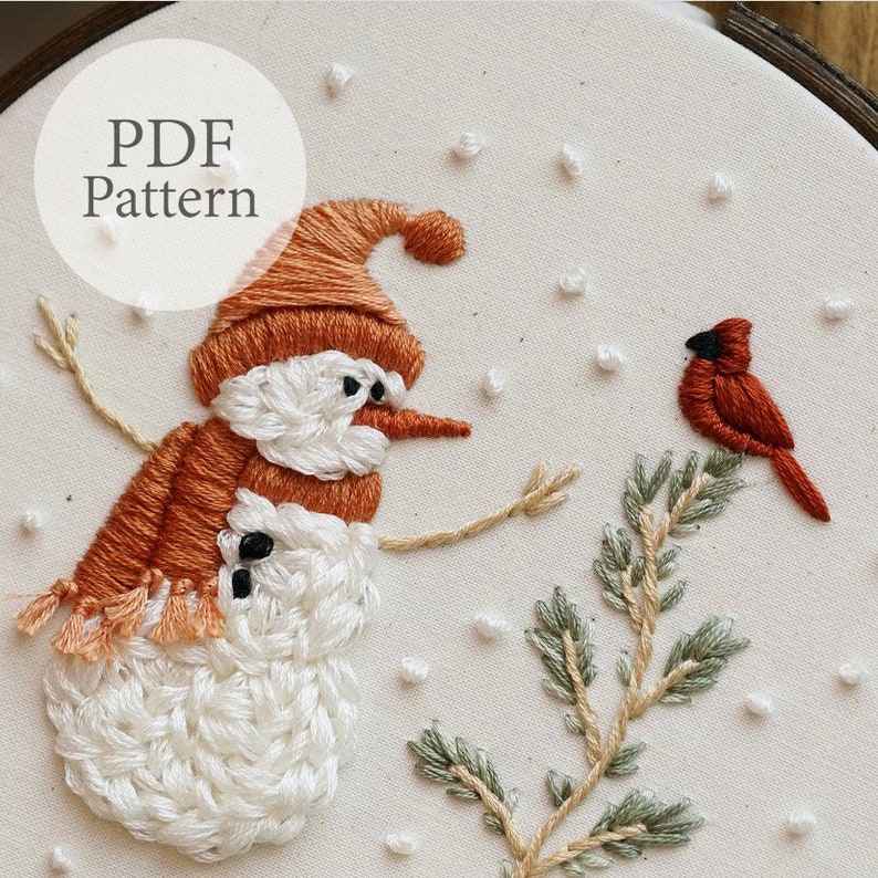 PDF Pattern 6 Cozy Snowman & Cardinal Friend Step By Step Beginner Embroidery Pattern With YouTube Tutorials image 6