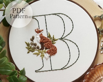 PDF Pattern - A-Z Letters - 8" Forest Fox Monogram - Includes All Letters - Step By Step Beginner Embroidery Pattern With YouTube Tutorials
