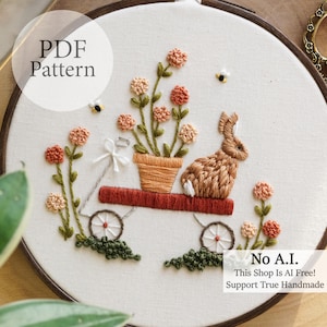 PDF-patroon - 6" Spring Rabbit Wagon - stap voor stap borduurpatroon voor beginners met YouTube-tutorials