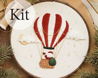 6" EMBROIDERY KIT - Santa's Christmas Eve KIT - Includes All Materials Needed To Complete The Design - Hot Air Balloon Embroidery