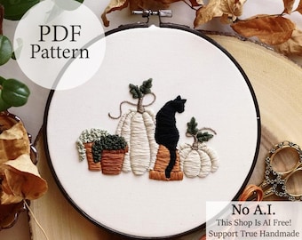 PDF Pattern - 6" Black Cat & Pumpkins - Step By Step Beginner Embroidery Pattern With YouTube Tutorials - Halloween Embroidery