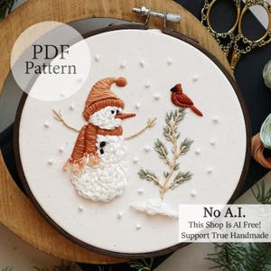 PDF Pattern - 6" Cozy Snowman & Cardinal Friend - Step By Step Beginner Embroidery Pattern With YouTube Tutorials