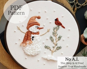 PDF Pattern - 6" Cozy Snowman & Cardinal Friend - Step By Step Beginner Embroidery Pattern With YouTube Tutorials