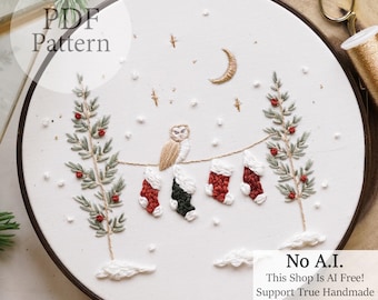 PDF Pattern - 8" Winter Owl Stockings - Step By Step Beginner Embroidery Pattern With YouTube Tutorials