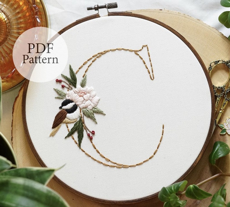 PDF Pattern A-Z Letters 8 Chickadee Peony Monogram Whole Alphabet Step By Step Beginner Embroidery Pattern With YouTube Tutorials image 1