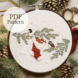 PDF Pattern - 6" Chickadees & Stocking - Step By Step Beginner Embroidery Pattern With YouTube Tutorials