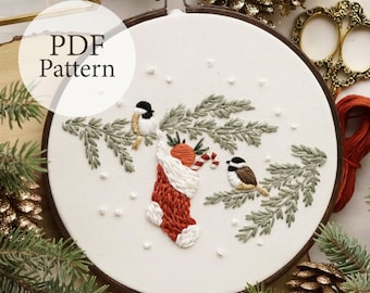 PDF Pattern - Chickadees & Stocking - Step By Step Beginner Embroidery Pattern With YouTube Tutorials