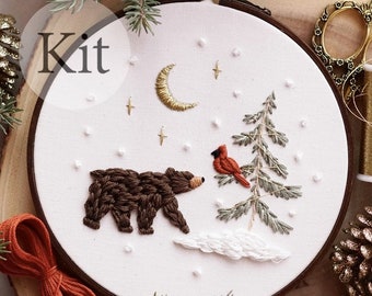 6" EMBROIDERY KIT - Bear & Cardinal KIT - Includes All Materials Needed To Complete The Design