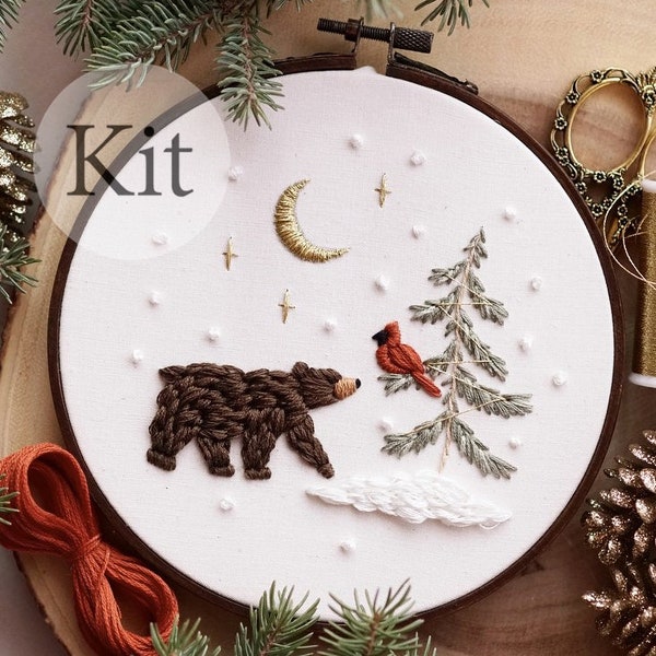 6" EMBROIDERY KIT - Bear & Cardinal KIT - Includes All Materials Needed To Complete The Design