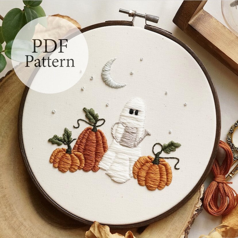 PDF Pattern - Ghost Gardener - Step By Step Beginner Embroidery Pattern With YouTube Tutorials - Halloween Embroidery - Pumpkin Patch 