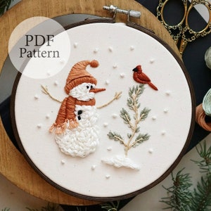 PDF Pattern - 6" Cozy Snowman & Cardinal Friend - Step By Step Beginner Embroidery Pattern With YouTube Tutorials