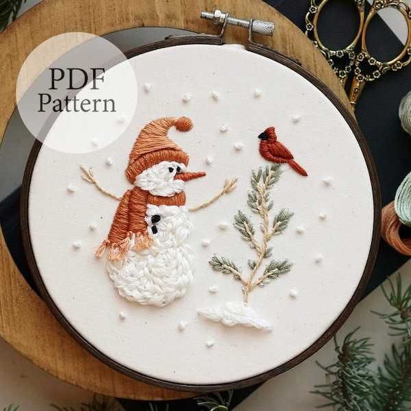 Modèle PDF - 6" Cozy Snowman & Cardinal Friend - Modèle de broderie étape par étape pour débutant avec tutoriels YouTube