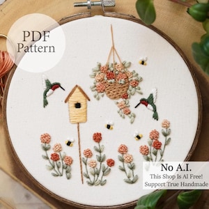 PDF Pattern - 6" Spring Hummingbirds - Step By Step Beginner Embroidery Pattern With YouTube Tutorials
