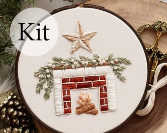 6" EMBROIDERY KIT - Festive Fireplace KIT - Includes All Materials Needed To Complete The Design