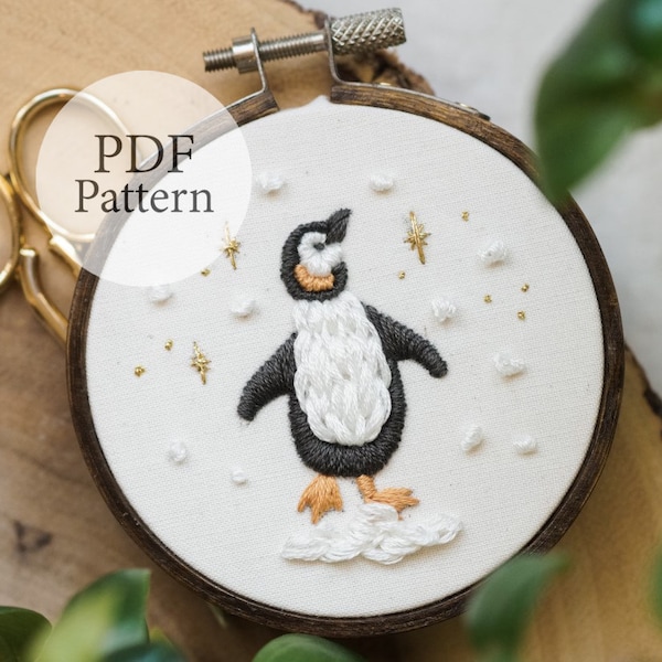 PDF Pattern - 3" Ornament Penguin Under The Stars Pattern - Step By Step Beginner Embroidery Pattern With YouTube Tutorials