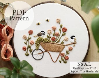 PDF Pattern - 6" Chickadee Gardeners - Step By Step Beginner Embroidery Pattern With YouTube Tutorials