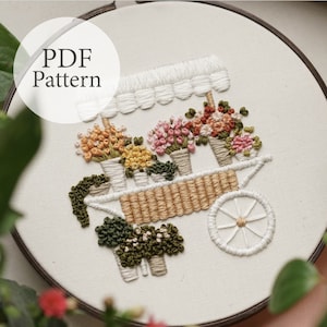 PDF-Muster - 17,8 cm Blumenwagen - Schritt für Schritt Anfänger-Stickmuster mit YouTube-Tutorials