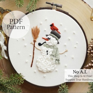 PDF Pattern - 6" Winter Snowman & Cardinal Friend - Step By Step Beginner Embroidery Pattern With YouTube Tutorials