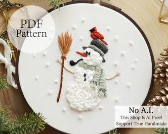 PDF Pattern - 6" Winter Snowman & Cardinal Friend - Step By Step Beginner Embroidery Pattern With YouTube Tutorials