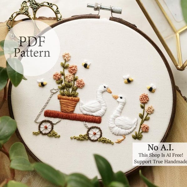Patron PDF - Oies des jardins de 15 cm (6 po.) - Patron de broderie pour débutants étape par étape avec tutoriels YouTube
