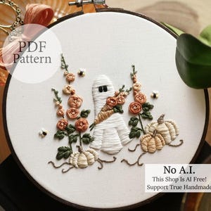 Patron PDF - Jardinier rose trémière 7" - Modèle de broderie pour débutant étape par étape avec tutoriels YouTube - Broderie d'Halloween - Patch citrouille
