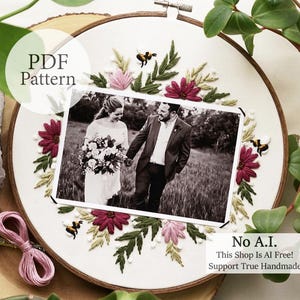 Wzór PDF – Ramka „Stokrotki i pszczoły” 9 cali, 4x6 cali – Wzór haftu dla początkujących krok po kroku z samouczkami YouTube