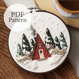 PDF Pattern - 6" Winter Cabin - Step By Step Beginner Embroidery Pattern With YouTube Tutorials