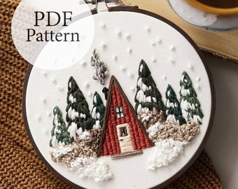 PDF-Muster - 6 &quot;&quot;Winter Cabin - Schritt für Schritt Anfänger Stickmuster mit YouTube-Tutorials.&quot;