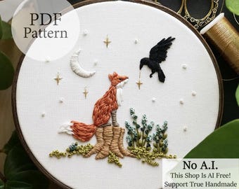 PDF Pattern - 6" Fox & Raven - Step By Step Beginner Embroidery Pattern With YouTube Tutorials