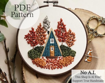 PDF Pattern - 6" Autumn Cabin - Step By Step Beginner Embroidery Pattern With YouTube Tutorials