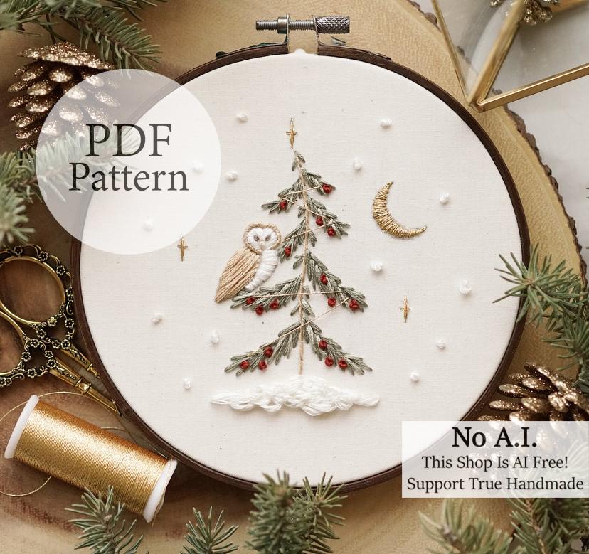 PDF Pattern - 6" Winter Owl - Step By Step Beginner Embroidery Pattern With YouTube Tutorials