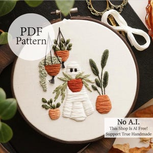 PDF Pattern - 6" Plant Lady Ghost - Step By Step Beginner Embroidery Pattern With YouTube Tutorials - Halloween Embroidery - Pumpkin Patch