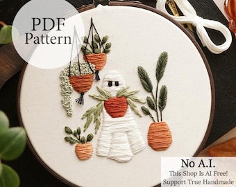 PDF Pattern - 6" Plant Lady Ghost - Step By Step Beginner Embroidery Pattern With YouTube Tutorials - Halloween Embroidery - Pumpkin Patch