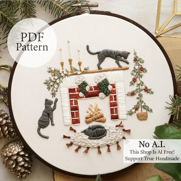 PDF Pattern - 8" Cat Christmas Fireplace - Step By Step Beginner Embroidery Pattern With YouTube Tutorials