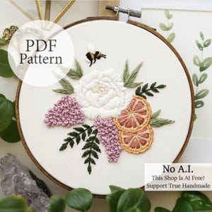 PDF-Muster - 17 cm Zitrus-Pfingstrosen-Blumenstrauß - Schritt für Schritt Anfänger Stickmuster mit YouTube-Tutorials