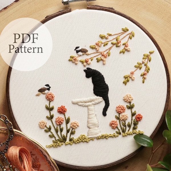 PDF Pattern - 6" Garden Cat - Step By Step Beginner Embroidery Pattern With YouTube Tutorials