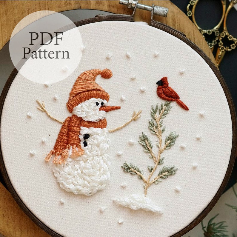 PDF Pattern 6 Cozy Snowman & Cardinal Friend Step By Step Beginner Embroidery Pattern With YouTube Tutorials image 7
