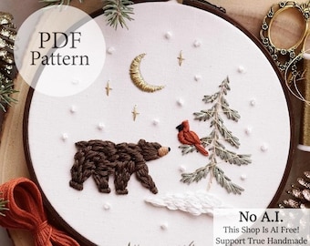 PDF Pattern - 6" Bear & Cardinal - Step By Step Beginner Embroidery Pattern With YouTube Tutorials